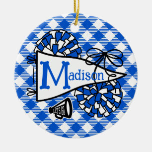 Royal Blue Cheer Pennant Gingham Personalised Ceramic Tree Decoration