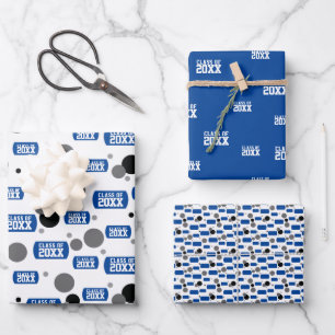Royal Blue "Class Of" Dog Tag and Dots Pattern Wrapping Paper Sheet