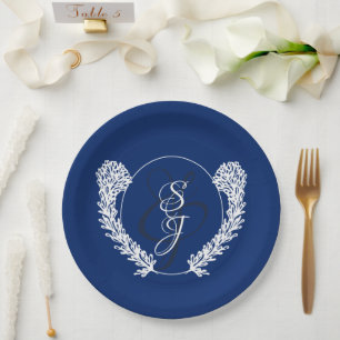 Royal Blue Classic Monogram Wedding  Paper Plate