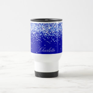 Royal blue confetti name script travel mug