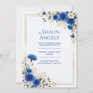 Royal Blue Cornflower Gold Frame Wedding Invitation