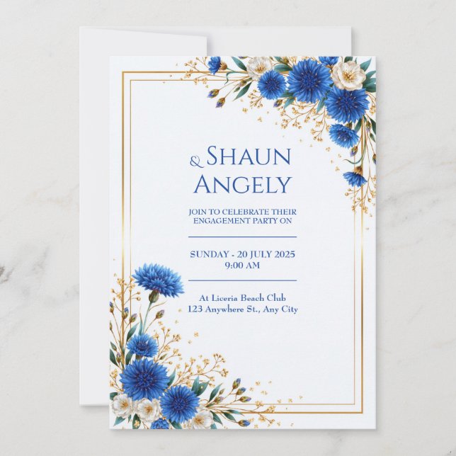 Royal Blue Cornflower Gold Frame Wedding Invitation (Front)