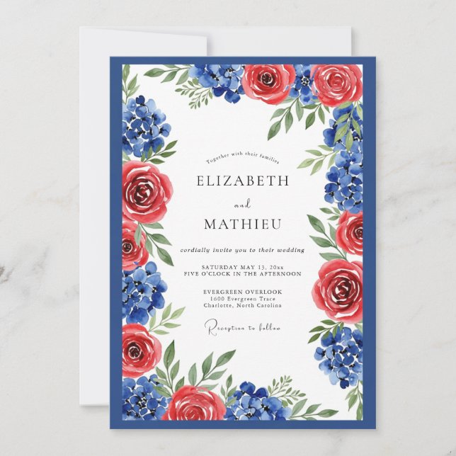 Royal Blue Crimson Elegant Floral Wedding Invitation (Front)