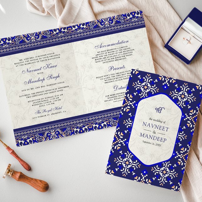 Royal Blue Cross-stitch All in One Sikh Wedding Invitation (Creator Uploaded)