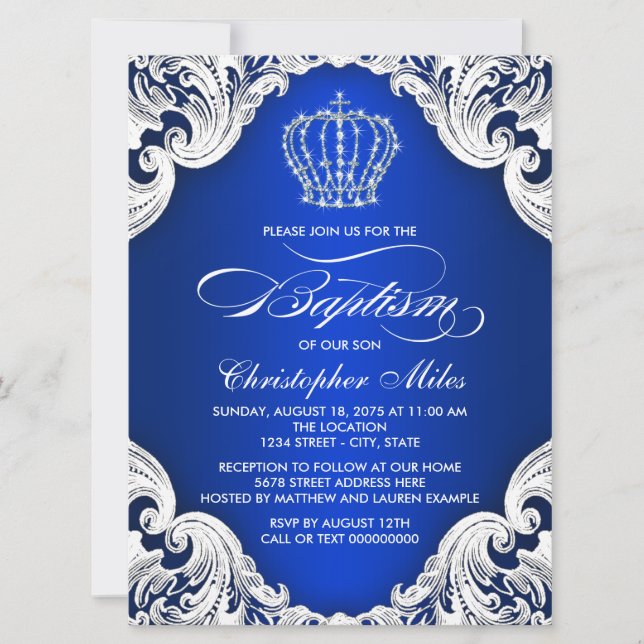 Royal Blue Crown Baptism Invitation (Front)