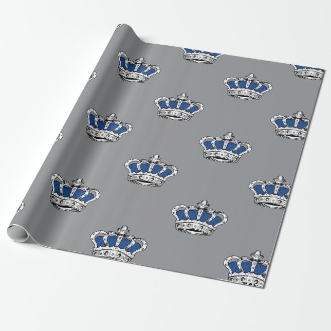 Royal Blue Crown Pattern on Modern Gray Background Wrapping Paper (Unrolled)