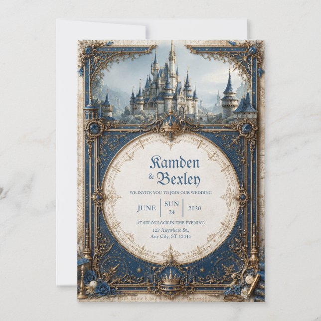 Royal Blue Crowned Castle Wedding Invitation (Front)
