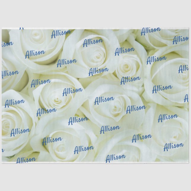 Royal Blue Customised Text on White Roses Floral Tissue Paper (Front)
