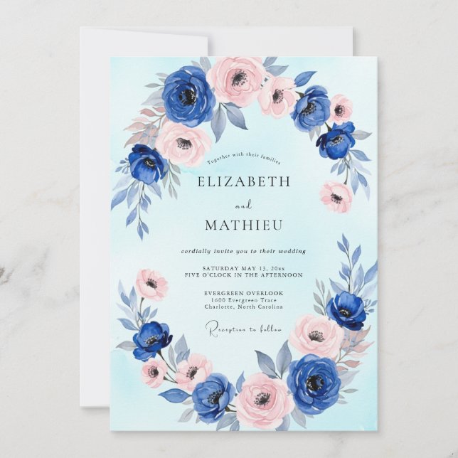 Royal Blue Dainty Watercolor Wedding Invitation (Front)