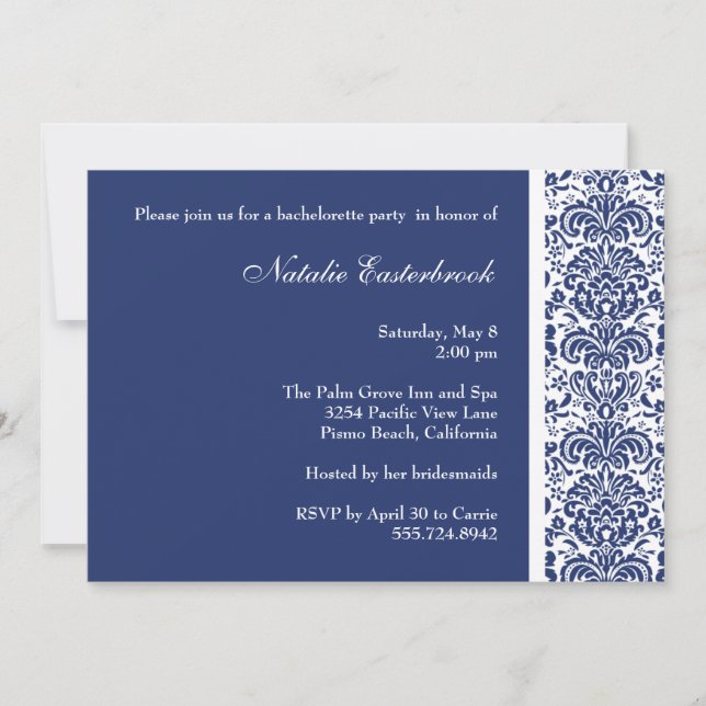 Royal Blue Damask Bachelorette Party Invitation (Front)