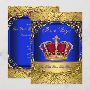 Royal Blue Damask Gold Crown Baby Shower Boy 4 Invitation