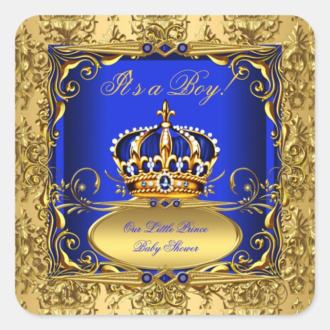 Royal Blue Damask Gold Crown Baby Shower Boy RB3 Square Sticker (Front)