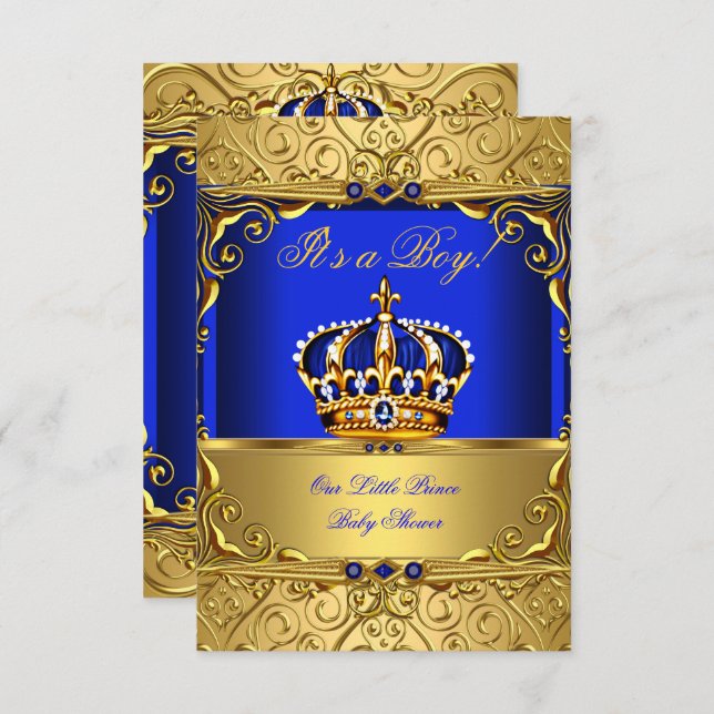 Royal Blue Damask Gold Crown Baby Shower Boy SMALL Invitation (Front/Back)