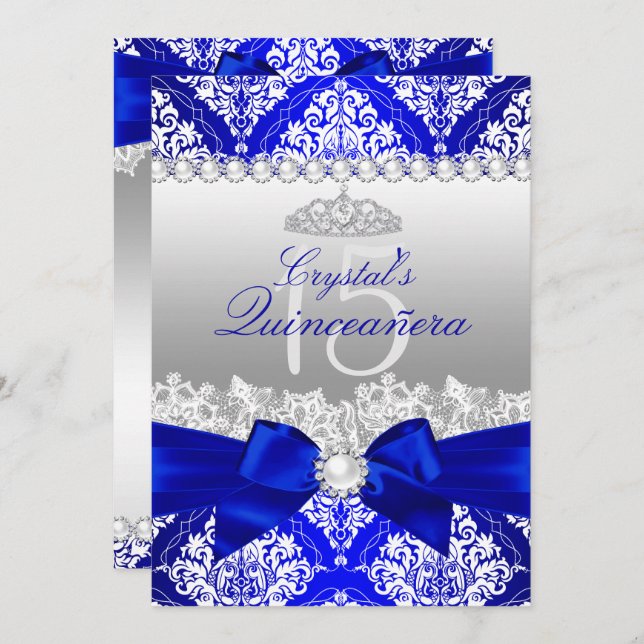 Royal Blue Damask Pearl Bow Quinceanera Invite (Front/Back)