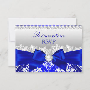 Royal Blue Damask & Pearl Bow Quinceanera RSVP Card