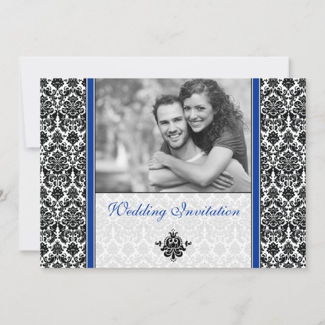 Royal Blue Damask Photo Wedding Invitation (Front)