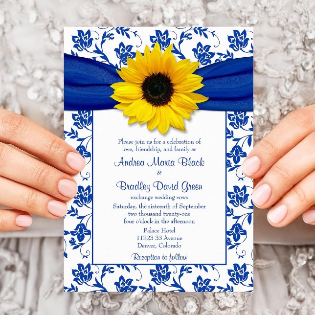 Royal Blue Damask Sunflower Wedding Invitation (Creator Uploaded)