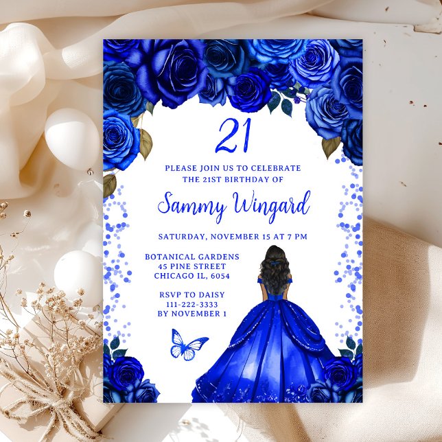 Royal Blue Dark Skin Princess Birthday Party Invitation (Creator Uploaded)