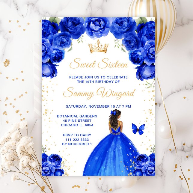 Royal Blue Dark Skin Princess Sweet Sixteen Invitation (Creator Uploaded)