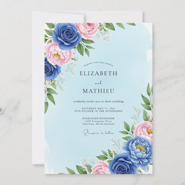 Royal Blue Delicate Spring Wedding Invitation (Front)