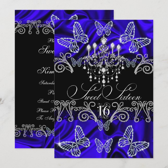 Royal Blue Diamond Butterfly Sweet Sixteen Invite (Front/Back)