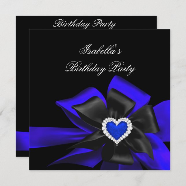 Royal Blue Diamond Heart Black Bow Birthday Party Invitation (Front/Back)
