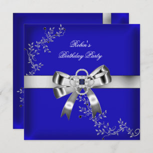 Royal Blue Diamond Jewel Silver Bow Invitation