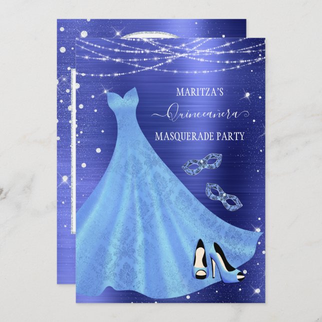 Royal Blue Diamond Masquerade Quinceañera Invitation (Front/Back)
