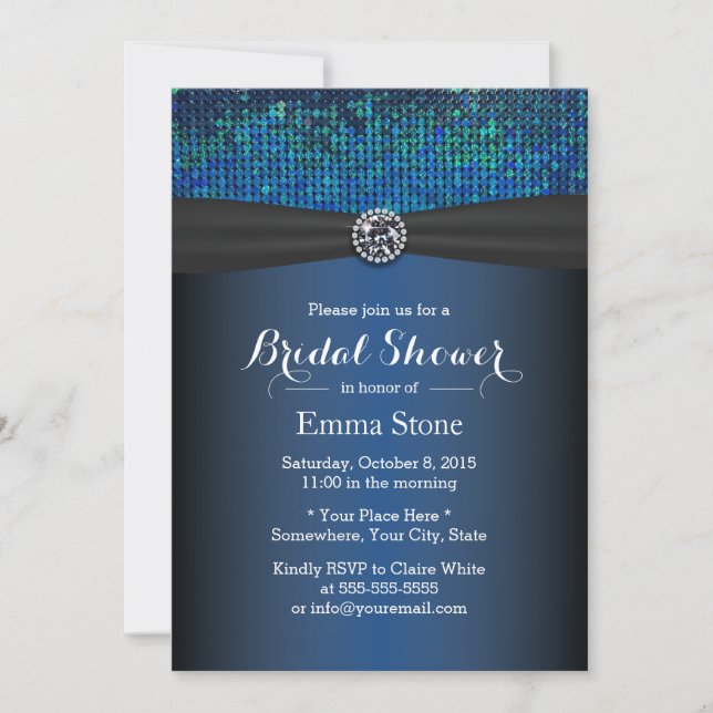 Royal Blue Diamond & Ribbon Bridal Shower Invitation (Front)