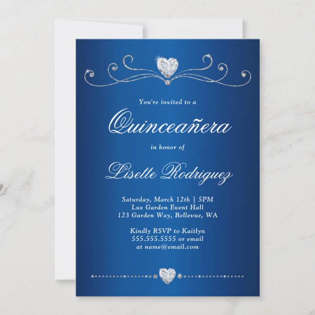 Royal Blue Diamond Swirl Elegant Quinceanera Invitation (Front)