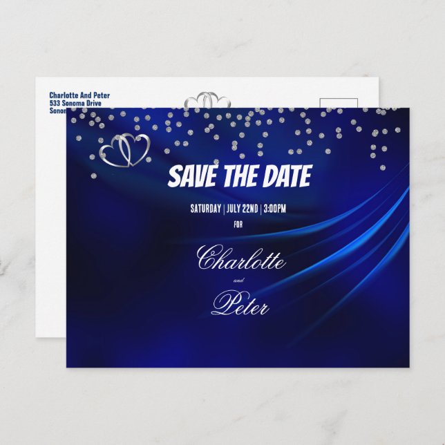Royal Blue Diamonds & Hearts Save The Date Card (Front/Back)