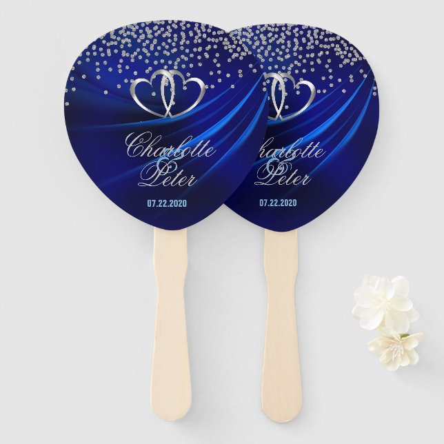 Royal Blue Diamonds/Hearts Wedding  Hand Fan (Front and Back)
