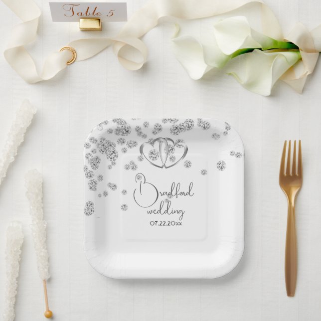 Royal Blue Diamonds & Hearts Wedding Paper Plate (Wedding)