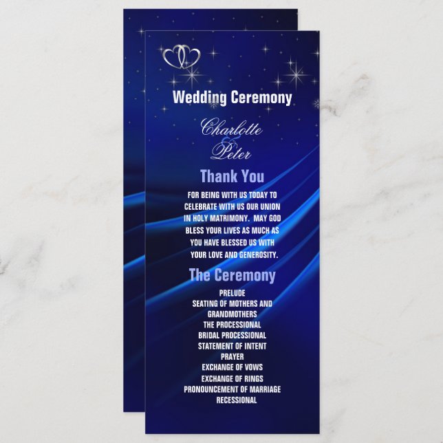 Royal Blue Diamonds/Hearts Wedding Program Card (Front/Back)