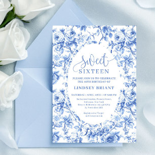 Royal Blue Digital Floral 16th Birthday Invite