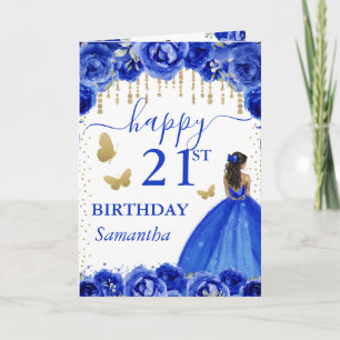 Royal Blue Dress Dark Skin Princess Birthday Card