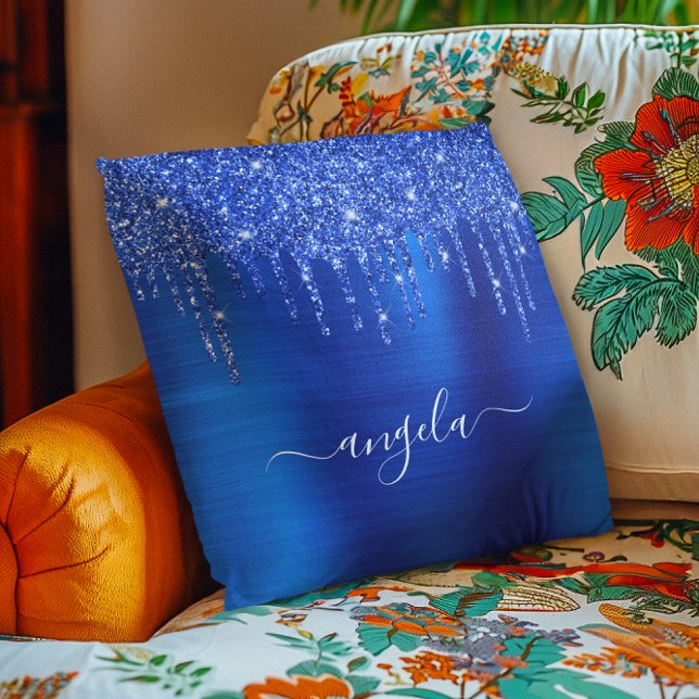 Royal Blue Dripping Glitter Glam Name Cushion (Royal Blue Dripping Glitter Glam Name Throw Pillow)