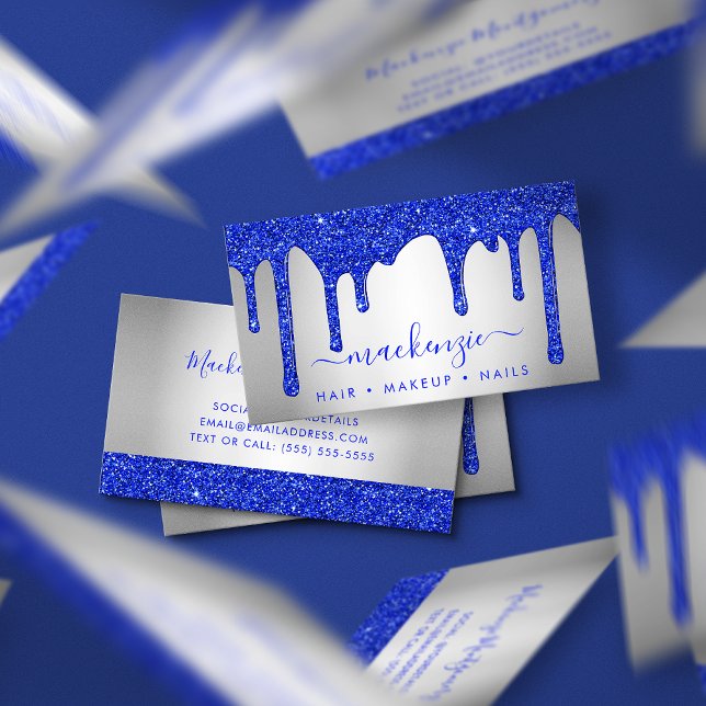 Royal Blue Dripping Glitter Silver Metallic  Business Card (Creator Uploaded)