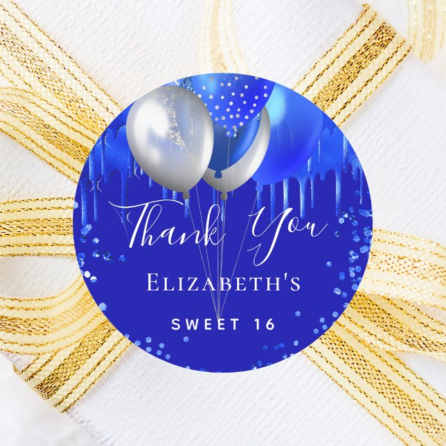 Royal blue drips name Sweet 16 thank you Classic Round Sticker (Creator Uploaded)