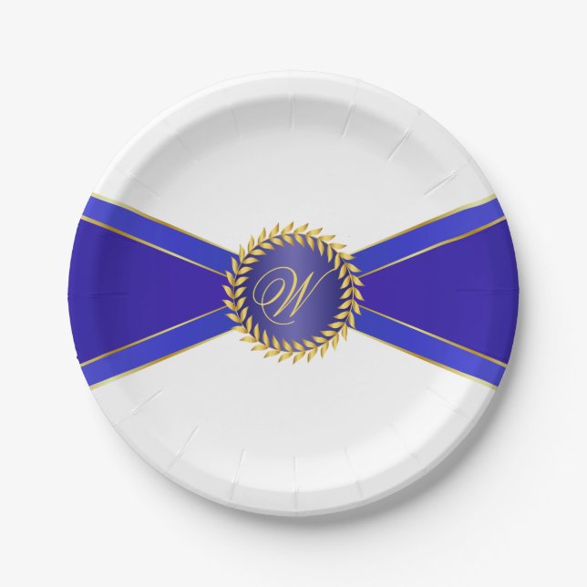 Royal Blue Elegance Monogram Paper Plate (Front)