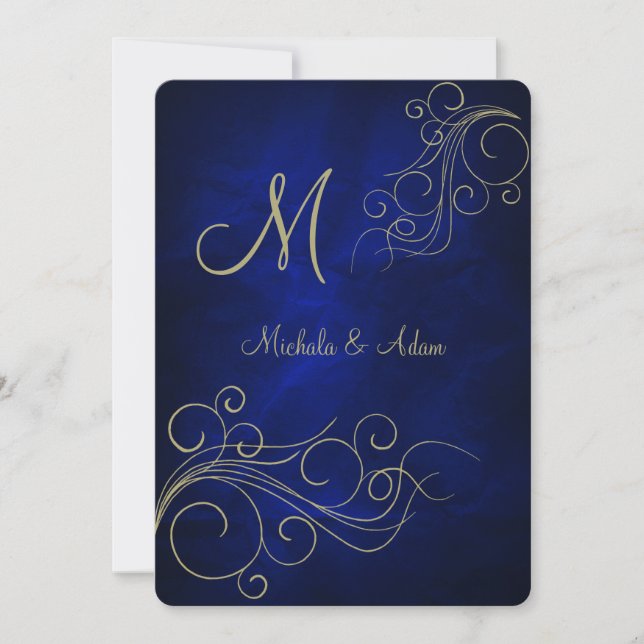 Royal Blue Elegant Gold Monogram Swirl Invitation (Front)