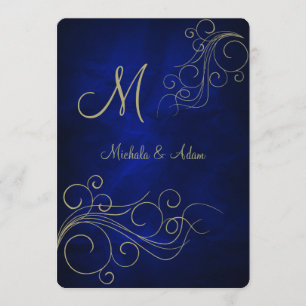 Royal Blue Elegant Gold Monogram Swirl Invitation