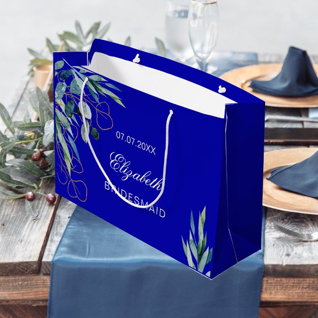 Royal blue eucalyptus greenery bridesmaid wedding large gift bag (Creator Uploaded)