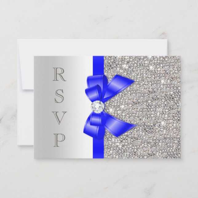 Royal Blue Faux Bow Silver Sequins Diamond RSVP (Front)