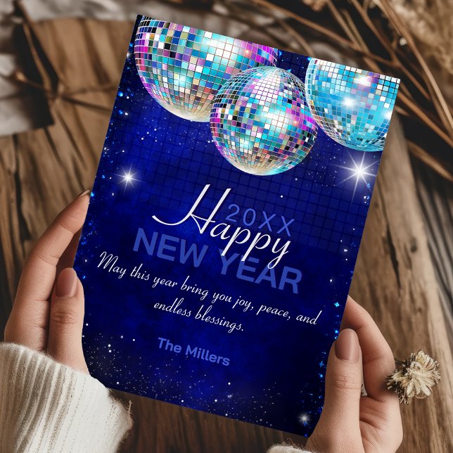 Royal blue faux glitter disco balls Happy New Year Holiday Card (Creator Uploaded)
