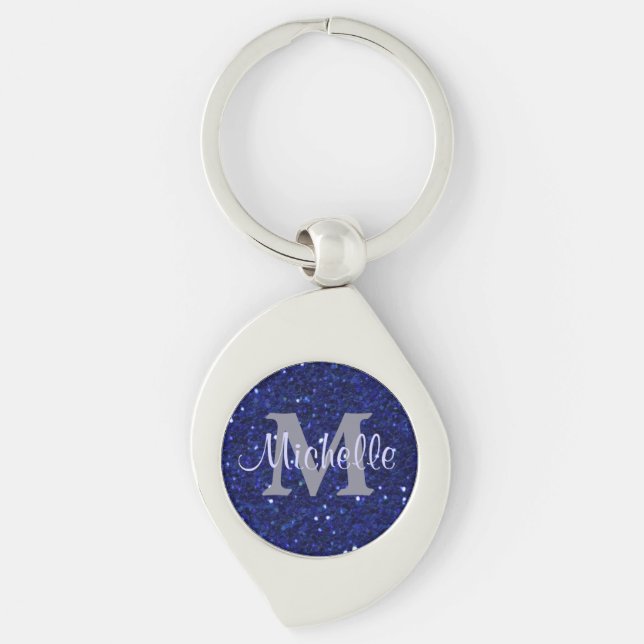 Royal Blue Faux Glitter Monogram Key Ring (Front)