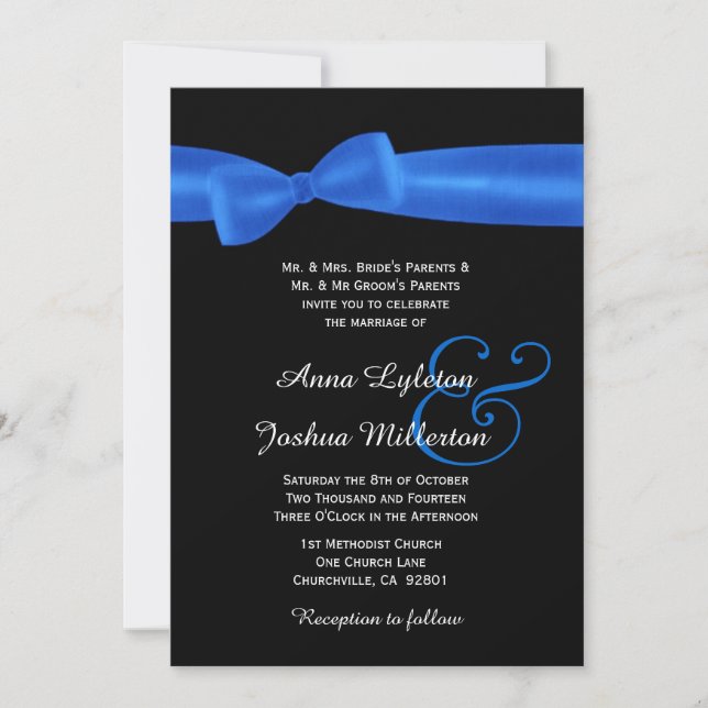ROYAL BLUE Faux Satin Bow Black Elegant Wedding Invitation (Front)