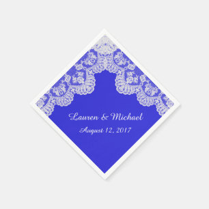 Royal Blue Faux White Lace Border Wedding Napkin