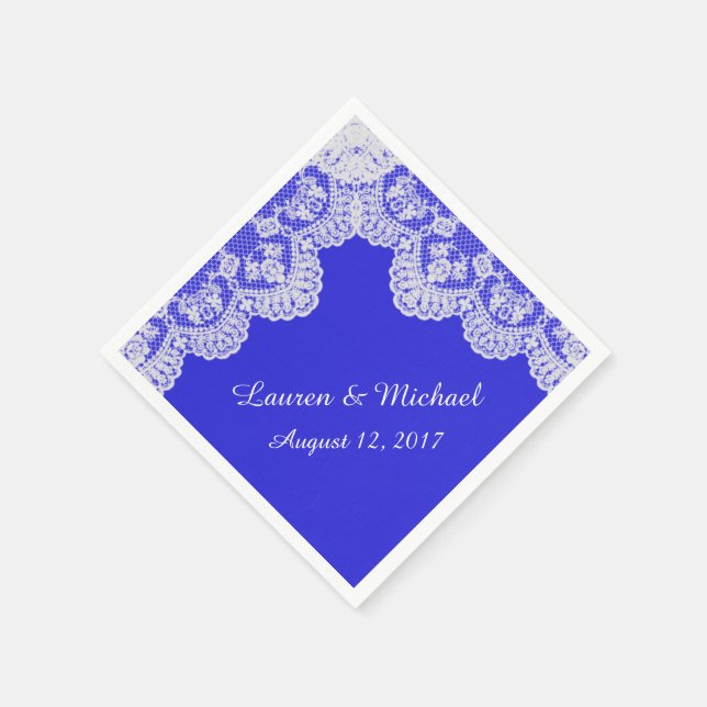 Royal Blue Faux White Lace Border Wedding Napkin (Corner)