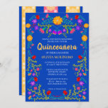 Royal Blue Fiesta Party Mexican Quinceanera Invitation<br><div class="desc">Royal Blue Quinceañera Invitation for your daughter's 15th Birthday celebration. This Mexican Quinceañera theme features bright and colourful Mexican folk art flowers in red, pink, purple and yellow on a royal blue background. The back of the card has floral papel picado and more flowers. The template is set up ready...</div>
